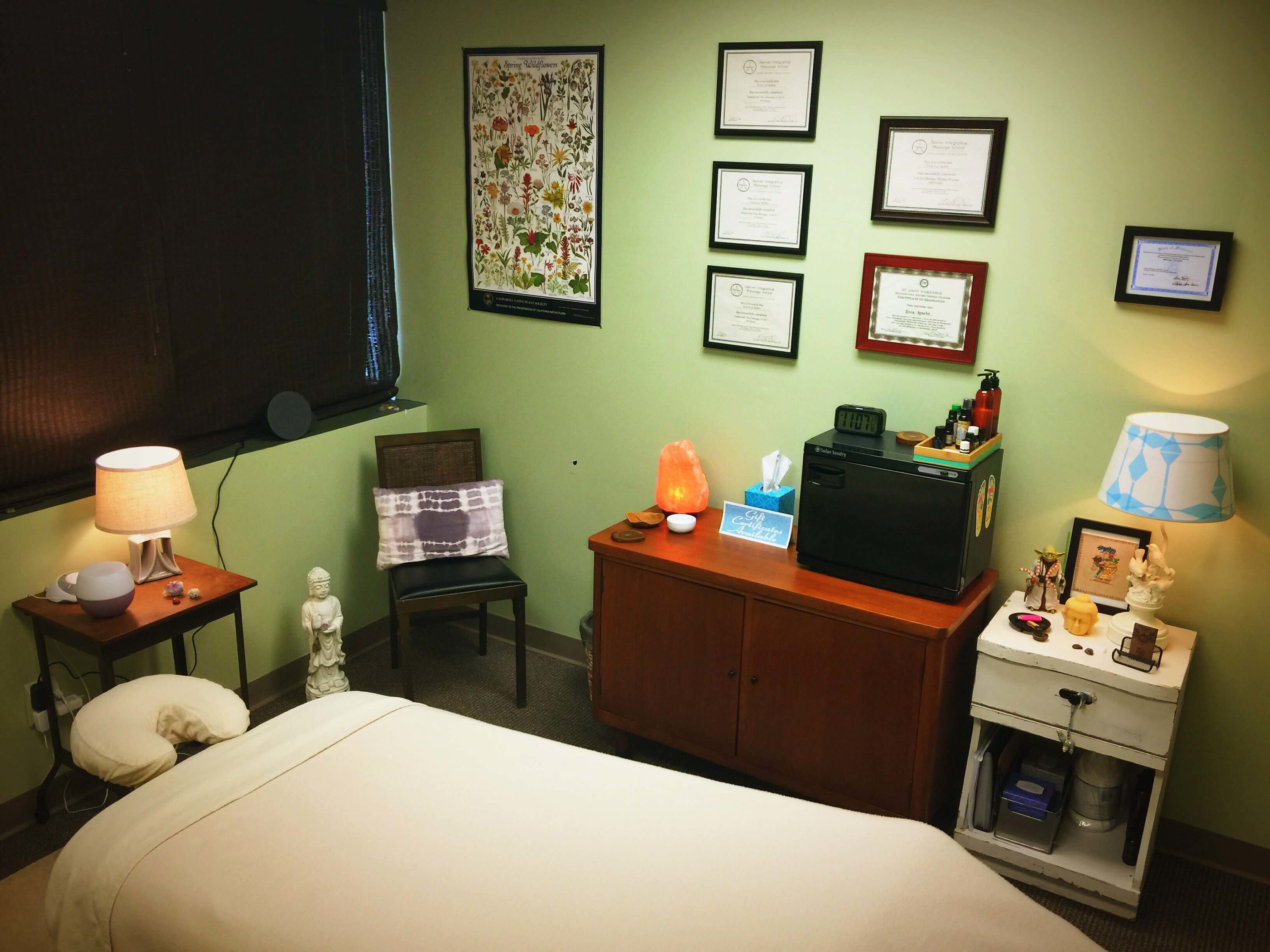 Photo of massage table ready for a mixed modality Western/Swedish massage at Erica Sparks Massage at Blue Sky Yoga in St. Louis, MO